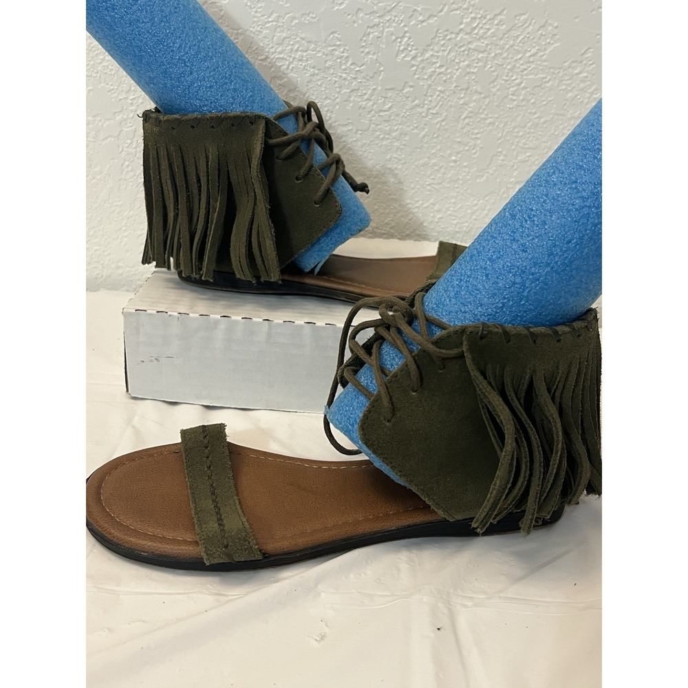 MINNETONKA Womens 6 Green Ankle Suede Thong Fringe Back Zip Shoes Sandals 71351